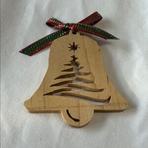 Source Unknown Wooden Bell Ornament with Red and Green Ribbon
